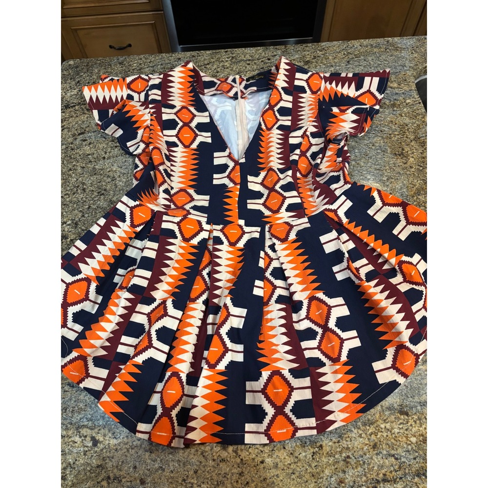D'IYANU Women 1X Geometric African Print Peplum Top Orange Navy V-Neck Blouse